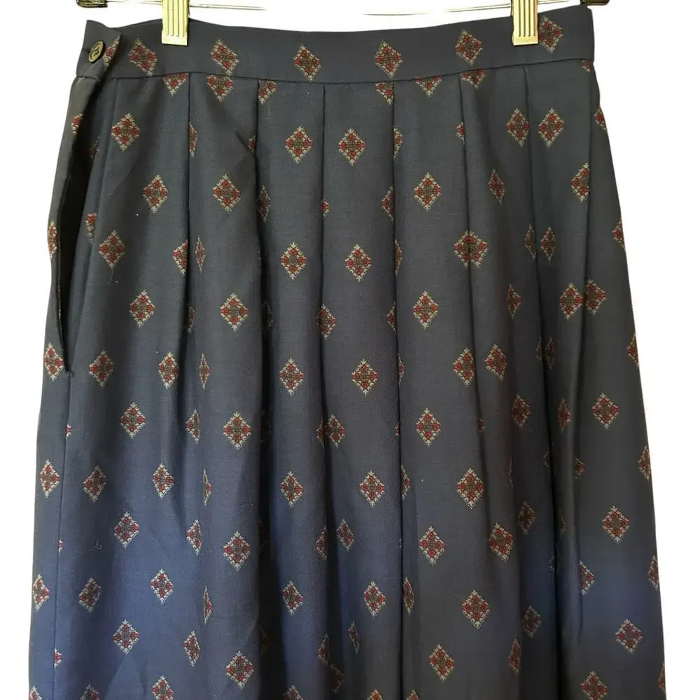 Vintage Talbots Paisley Geometric 100% Wool Navy/Burgundy Midi A-Line Skirt 10